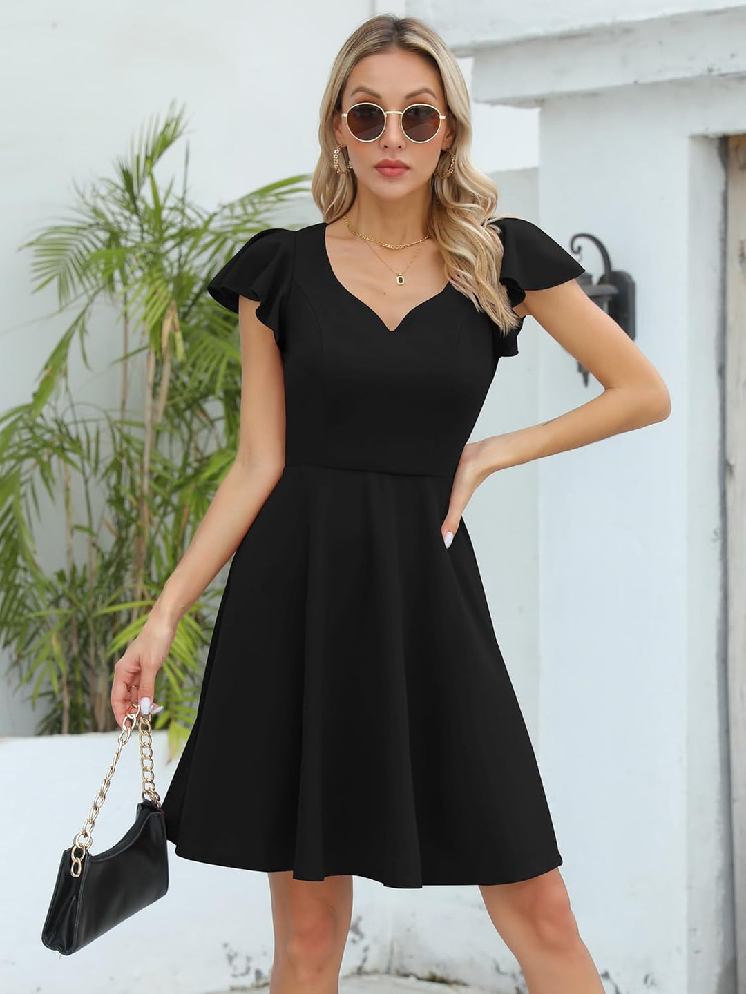 Missufe Damen Cocktailkleid Elegant Vintage Minikleid Kurz A-Linie Herzausschnitt Kleider Schwarz XS