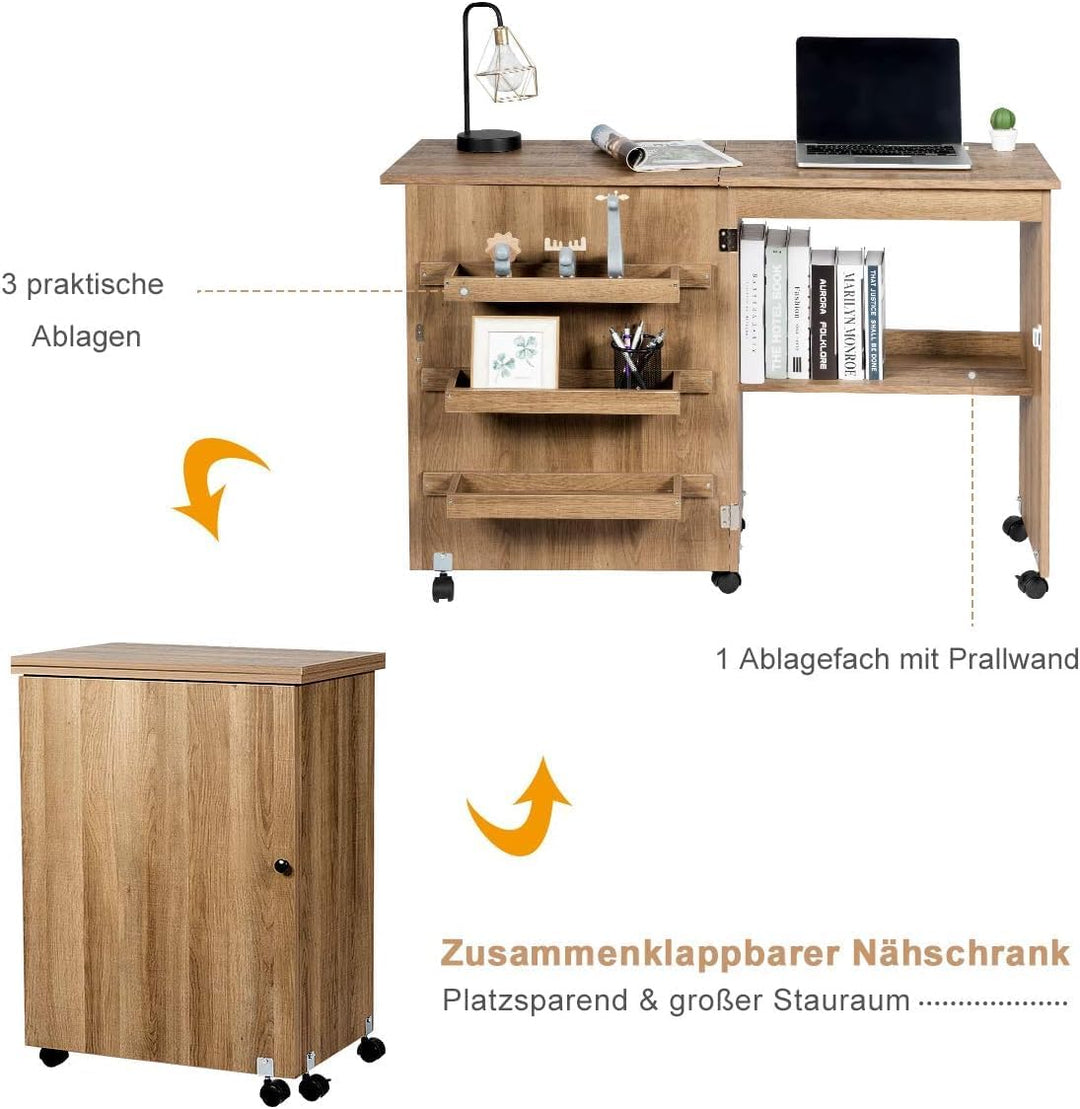 FANTASK Holz Nähschrank & Schreibtisch klappbar, Natur Nähtisch mit 3 Einlegeböden für Spulen, Nähti