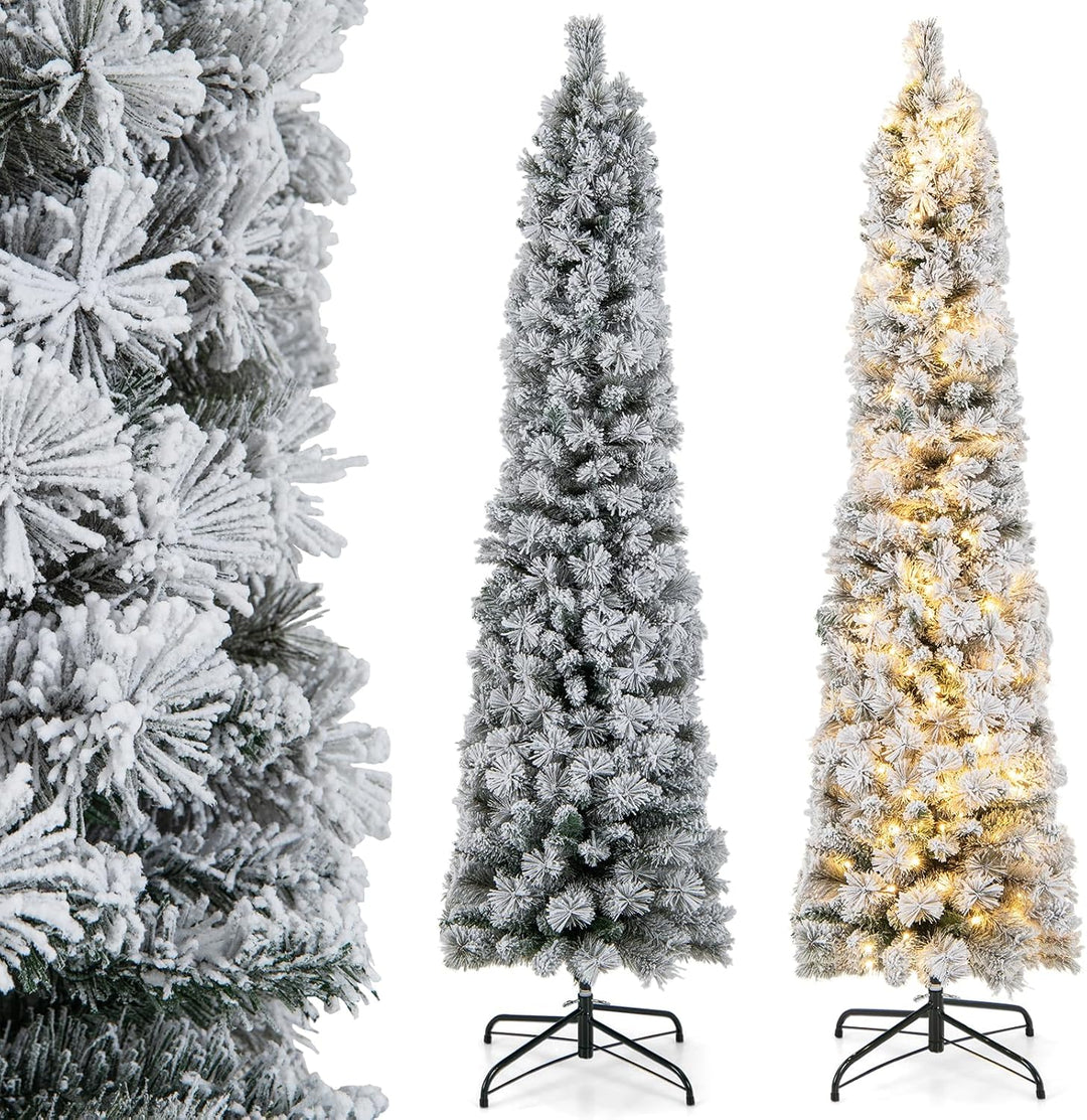 COSTWAY 180 cm Bleistift Weihnachtsbaum mit Schnee, Tannenbaum künstlich mit Beleuchtung, 150 LEDs i