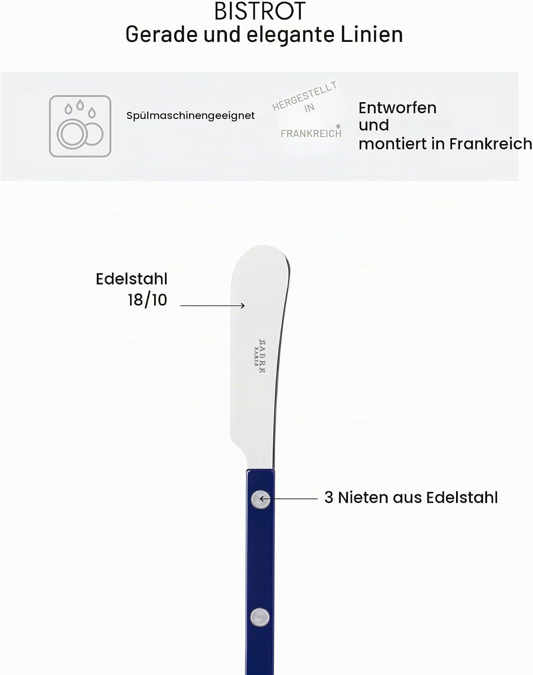 SABRE PARIS - 2er Set Buttermesser 14 cm - Bistrot - Ideal Für Butter, Aufstrich - Edelstahl &amp; Nylon