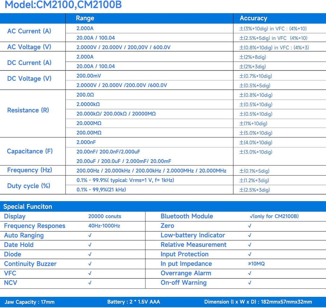 OWON CM2100B Mini Bluetooth Zangenmessgerät 20000 Zählungen Handheld True RMS 600 V 100 A AC/DC Stro