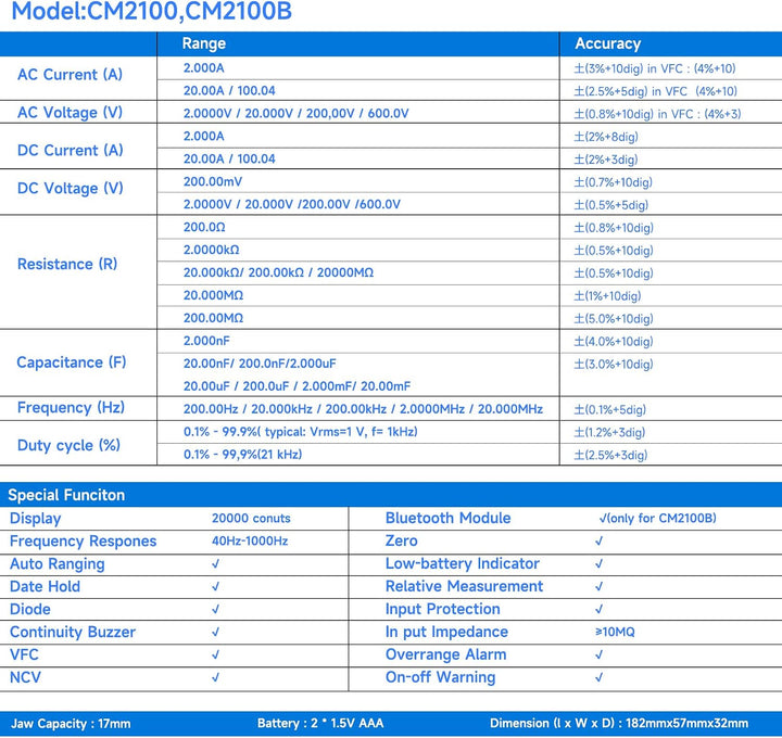 OWON CM2100B Mini Bluetooth Zangenmessgerät 20000 Zählungen Handheld True RMS 600 V 100 A AC/DC Stro