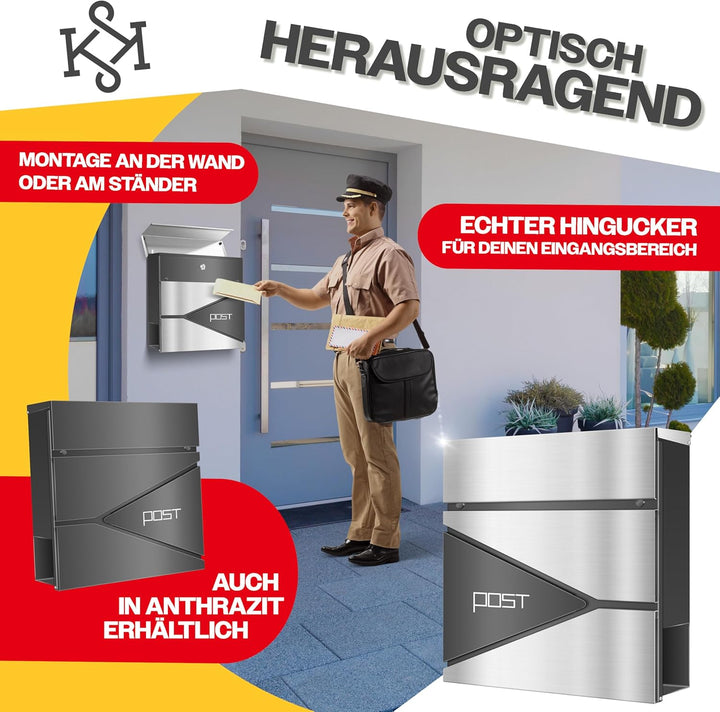 KESSER® Briefkasten mit Zeitungsfach Wandmontage Wandbriefkasten Edelstahl, 2X Schlüssel abschliessb
