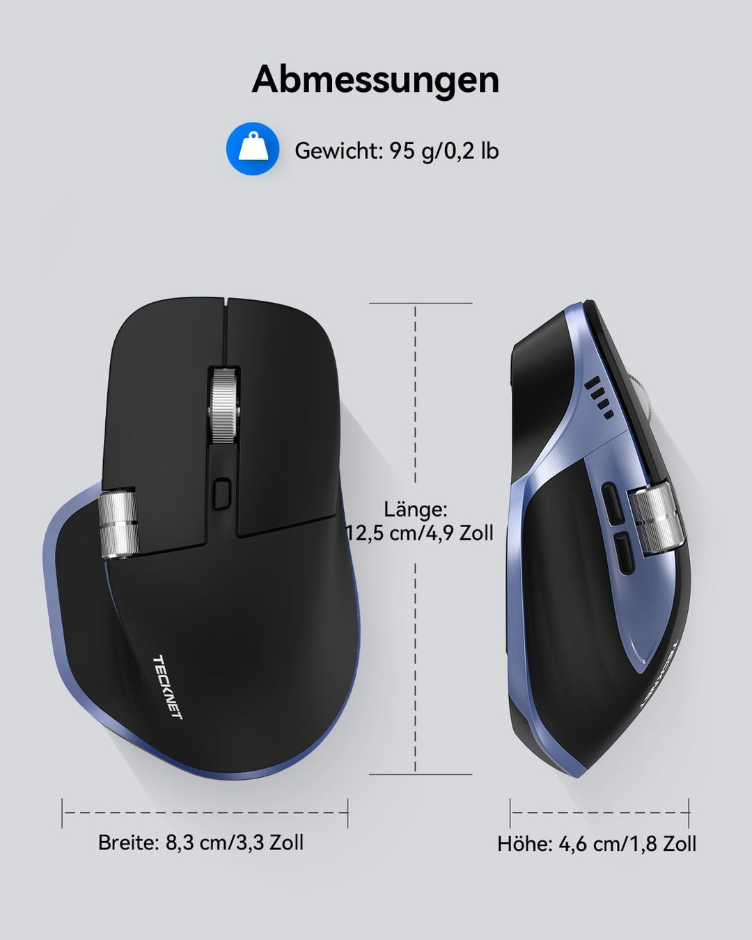 TECKNET Bluetooth kabellose Maus(BT 5.3/5.0+2,4G), Seitliches Mausrad, Superschnelles Scrollen, Wied