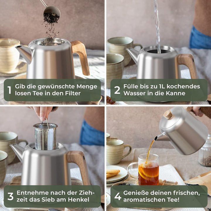WALDWERK Teekanne mit Stövchen (1,1L) - Edelstahl mit Siebeinsatz - Tropffrei - Griffen aus Eichenho