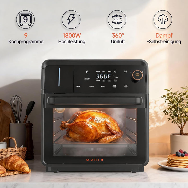 OUNIN 18L Multifunktionsbackofen, 11-in-1 Dampfbackofen und Heissluftfritteuse, Zweigaren, 360° Umlu