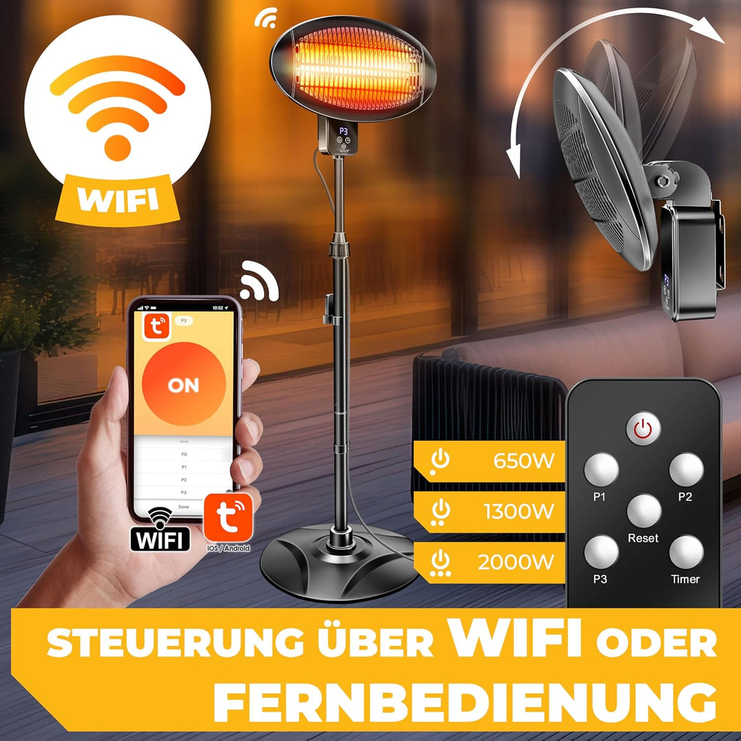 KESSER® Infrarot Heizstrahler 2000W Terrassenstrahler mit WIFI & Fernbedienung 360° drehbar, höhenve