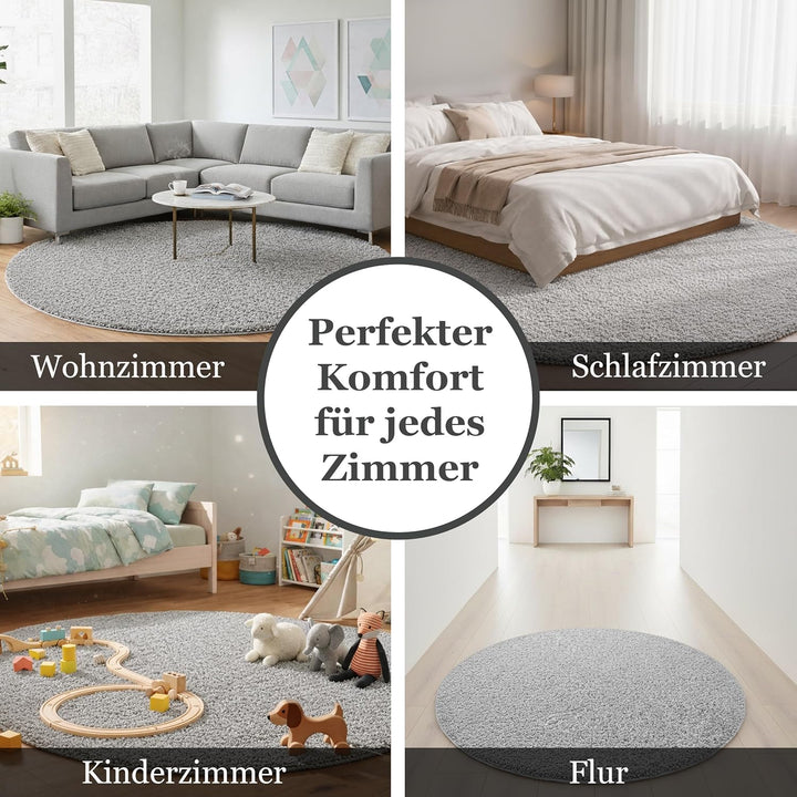 Taracarpet Shaggy Teppich Wohnzimmer Venezia Hochflor Langflor Teppiche modern Grau 120 cm rund 120x