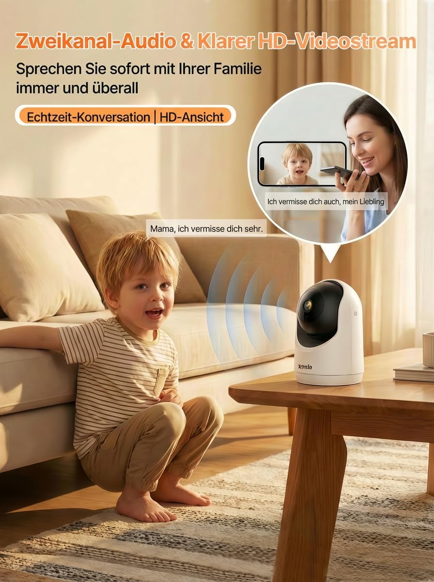 Tenda 3MP WLAN Innenkamera Überwachung, Haustierkamera mit 2-Wege-Audio, Nachtsicht 12M, Bewegungs-P