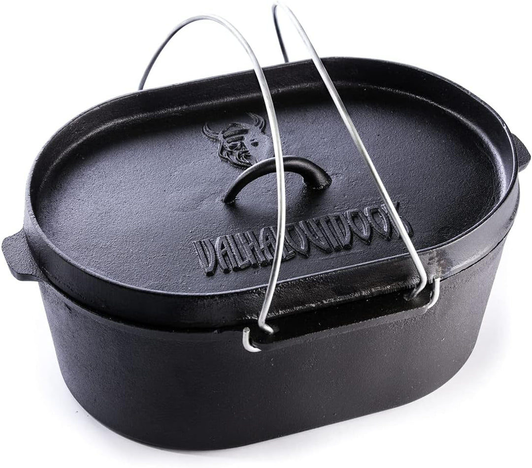 Valhal Outdoor Feuertopf 9L (Dutch Oven) - Gusseisen - Oval, ohne Füsse, Grilldeckel