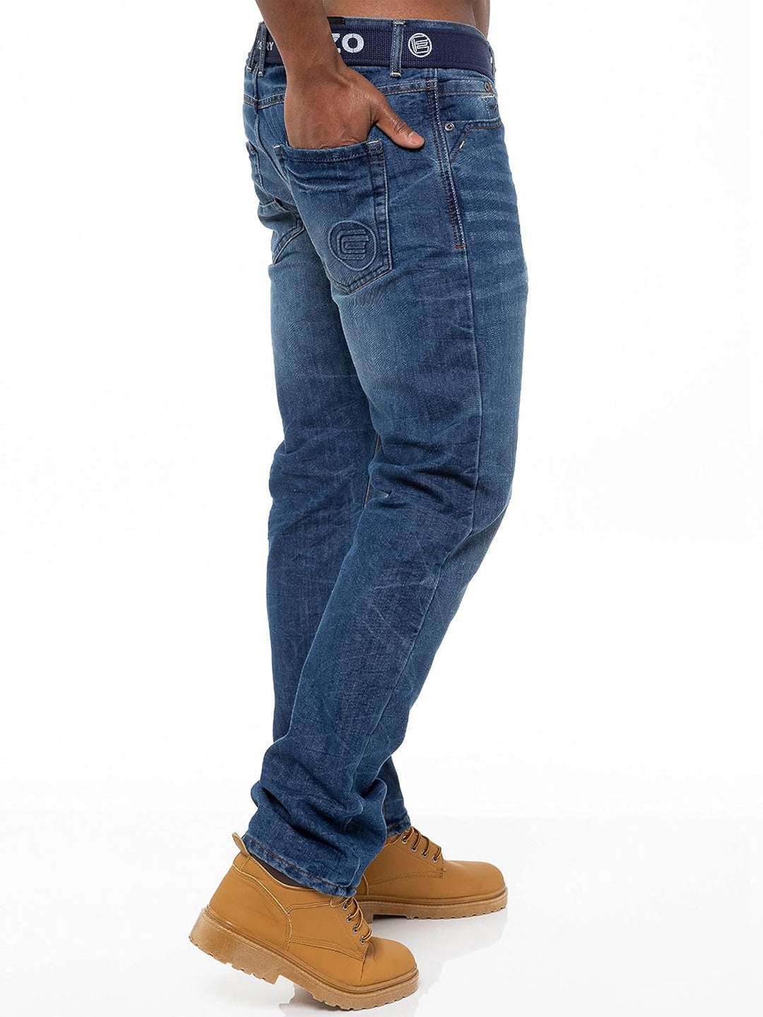 Enzo Designer-Herren-Jeans mit geradem Bein, normale Passform, Denim-freier Gürtel, King-Size-Grösse