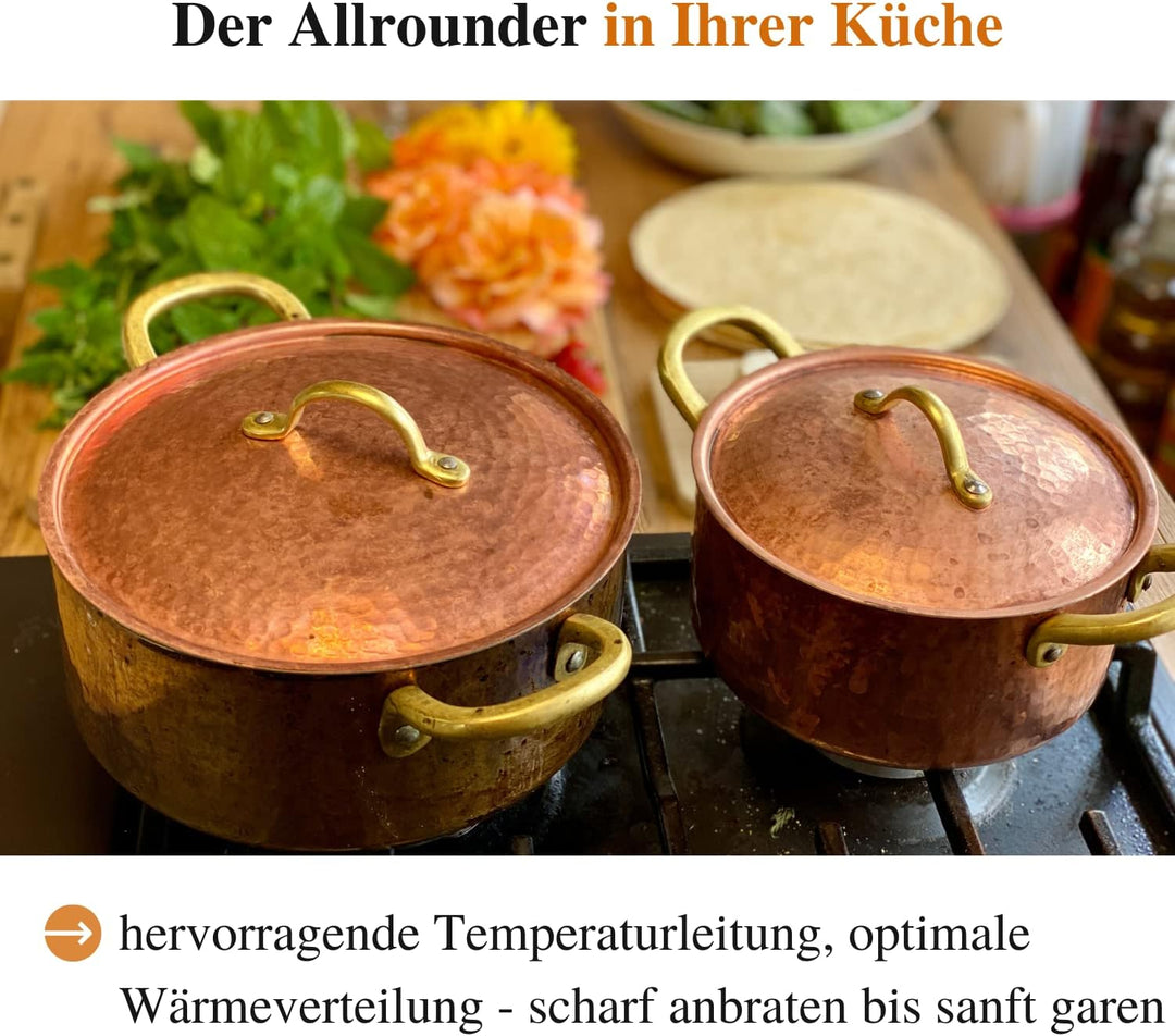 CopperGarden Kupfertöpfe 3er Set mit Deckel & Messinggriffe I Gehämmerte Kupferkochtöpfe: Ideale Wär