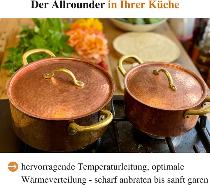 CopperGarden Kupfertöpfe 3er Set mit Deckel & Messinggriffe I Gehämmerte Kupferkochtöpfe: Ideale Wär
