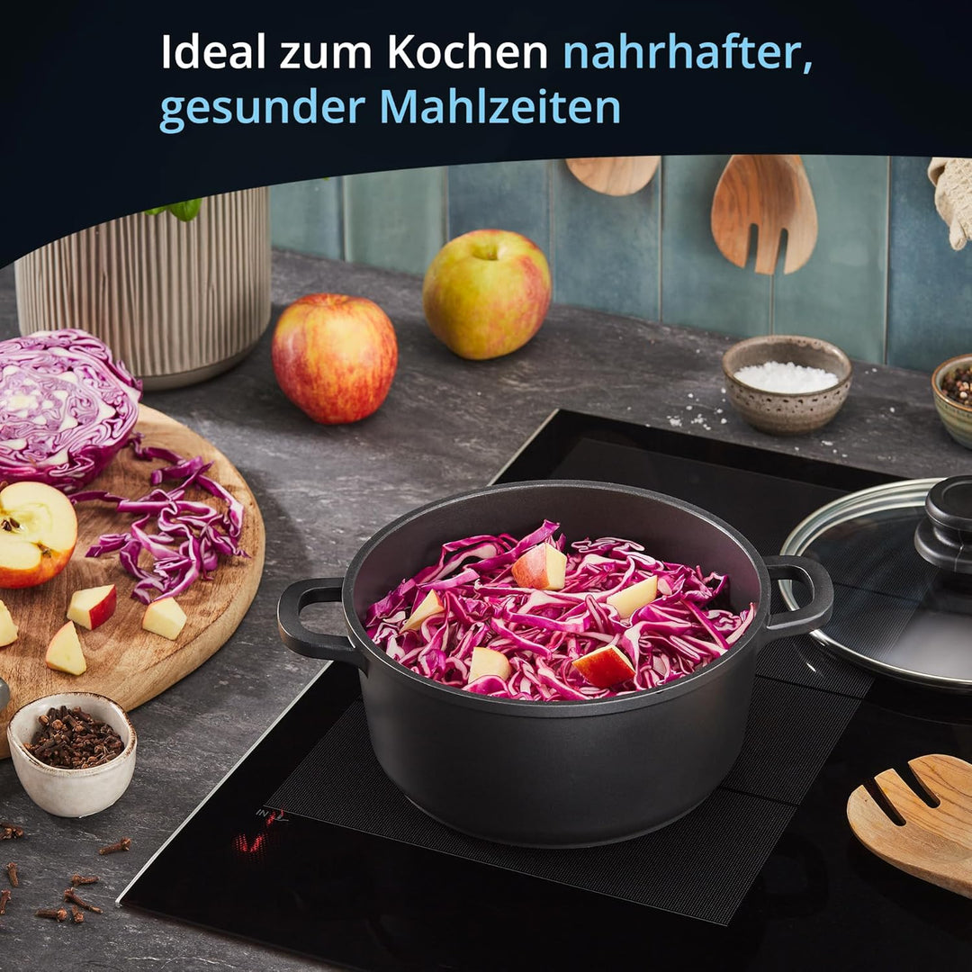 KHG Topf Kochtopf 20 cm Induktion Antihaftbeschichtung 2 Liter | Schwarz Aluminium mit Glasdeckel |
