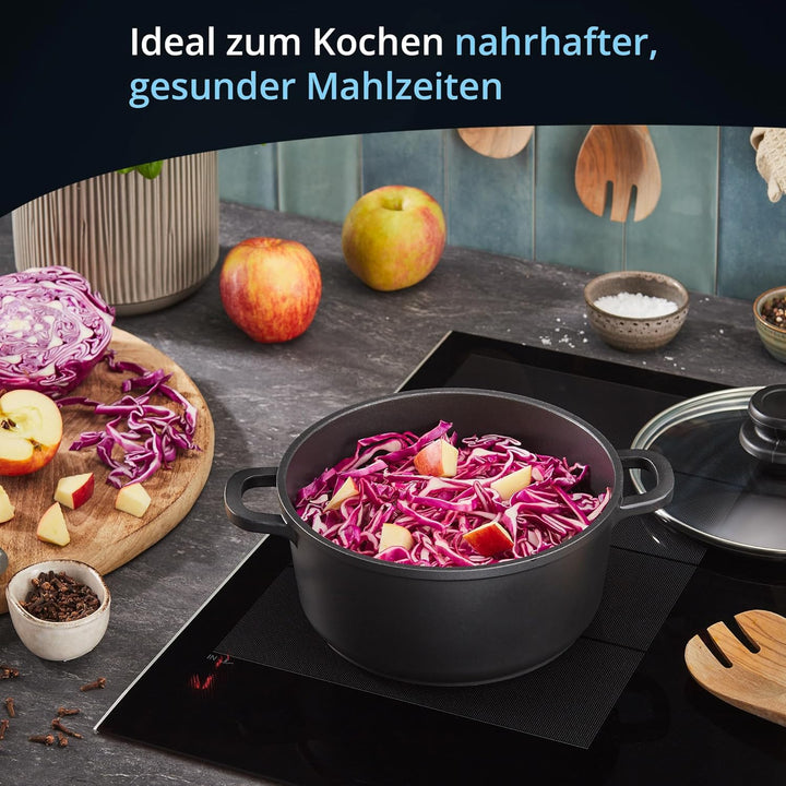 KHG Topf Kochtopf 20 cm Induktion Antihaftbeschichtung 2 Liter | Schwarz Aluminium mit Glasdeckel |