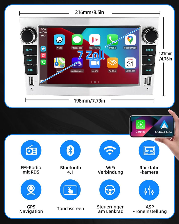 ESSGOO 4+64G Wireless Autoradio Android 14 mit Carplay und Android Auto Für Opel Corsa C/D Zafira B
