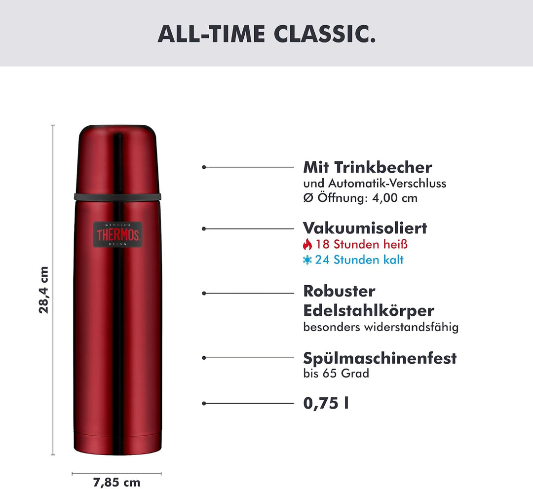 THERMOS LIGHT &amp; COMPACT BEVERAGE BOTTLE 0,75l, cranberry red, Thermosflasche Edelstahl, Isolierflasc