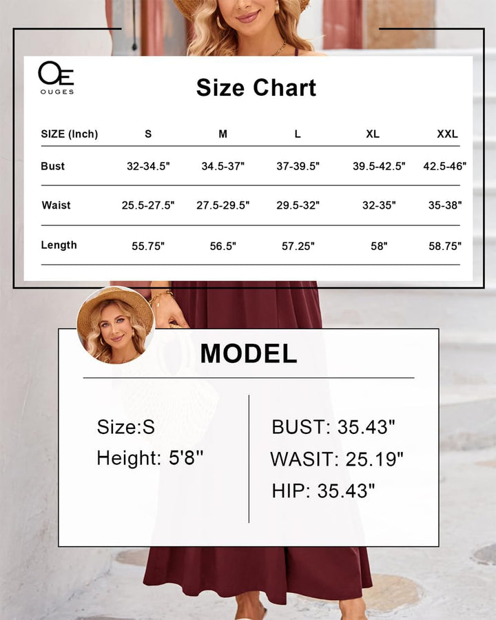 OUGES Damen Sommerkleid V-Ausschnitt Maxikleid Rückenfreies High Waist Spaghetti Strap Freizeitkleid