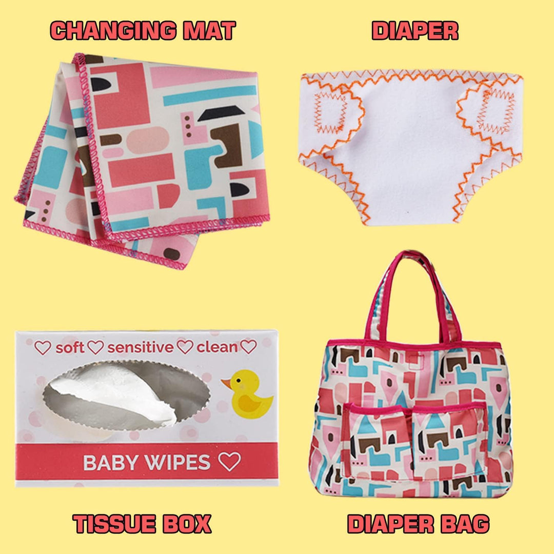 13-Teile Puppenzubehör, Fütter & Pflege Set Mit Windeltasche, Puppenwindel, Magischen Fläschchen, Wi