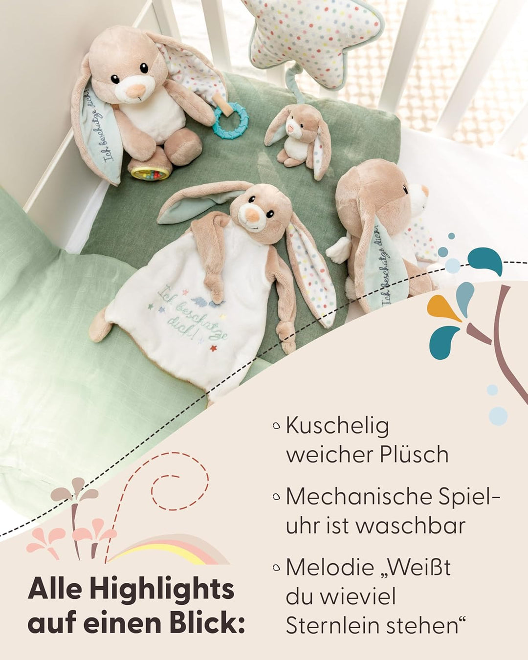 NICI Spieluhr Stern 21x20cm mit Hase Fjella 9cm - rosa - Einschlafhilfe für Babys und Kleinkinder ab