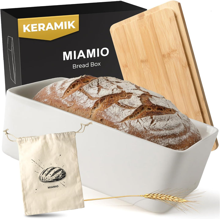 MIAMIO – Brotkasten mit Bambusdeckel/Brotkasten Keramik, Brotbox mit Holzdeckel verwendbar als Schne