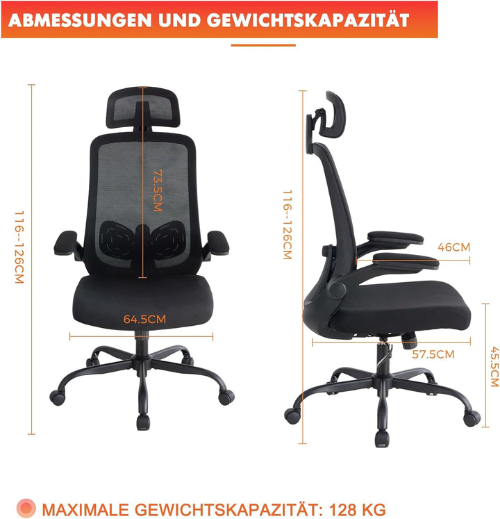 Sweetcrispy Ergonomischer Bürostuhl mit Kopfstütze & verstellbaren Armlehnen, 360° Drehfunktion, Höh