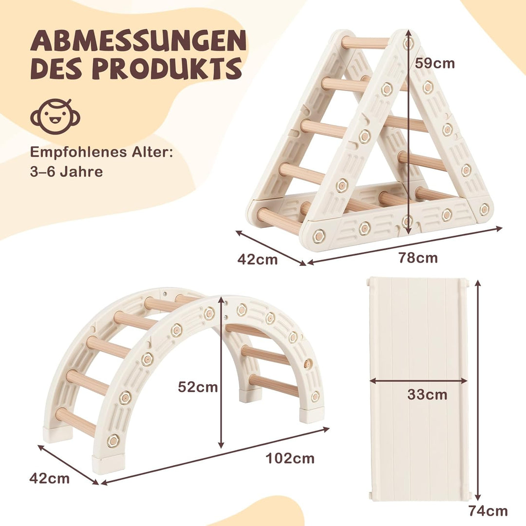 Costway 5-in-1 Klettergerüst Indoor, Kletterdreieck mit Kletterbogen & Holzdreieck & Rutsche, inkl.
