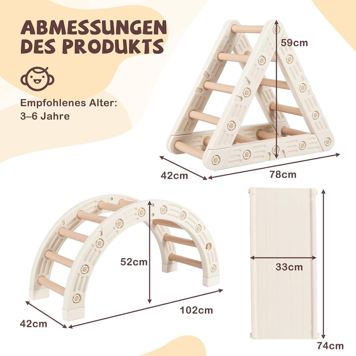 Costway 5-in-1 Klettergerüst Indoor, Kletterdreieck mit Kletterbogen & Holzdreieck & Rutsche, inkl.
