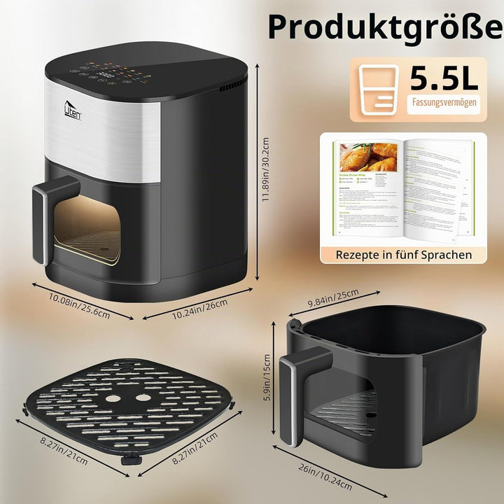 Uten Dual Blaze Heissluftfritteuse 5,5 L mit Sichtfenster, Airfryer 14 Programme, Verzögerter Start,