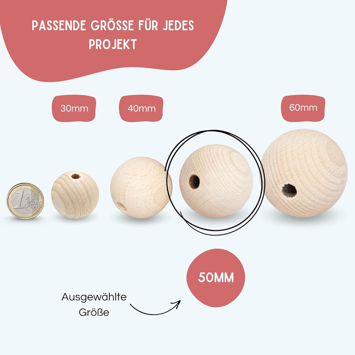 EV® Holzkugeln mit Loch - 12 Stück 50mm Durchmesser - Made in Austria - Grosse Holzperlen mit 8mm Bo