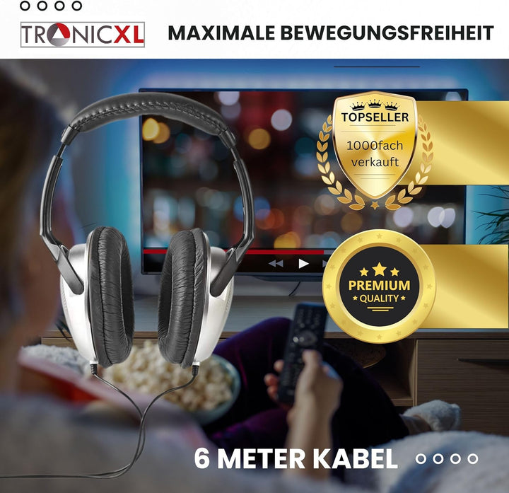 TronicXL Fernsehkopfhörer Kopfbügel Kopfhörer I 6m langes Kabel I Stereo TV Fernseh Headphones Ferns