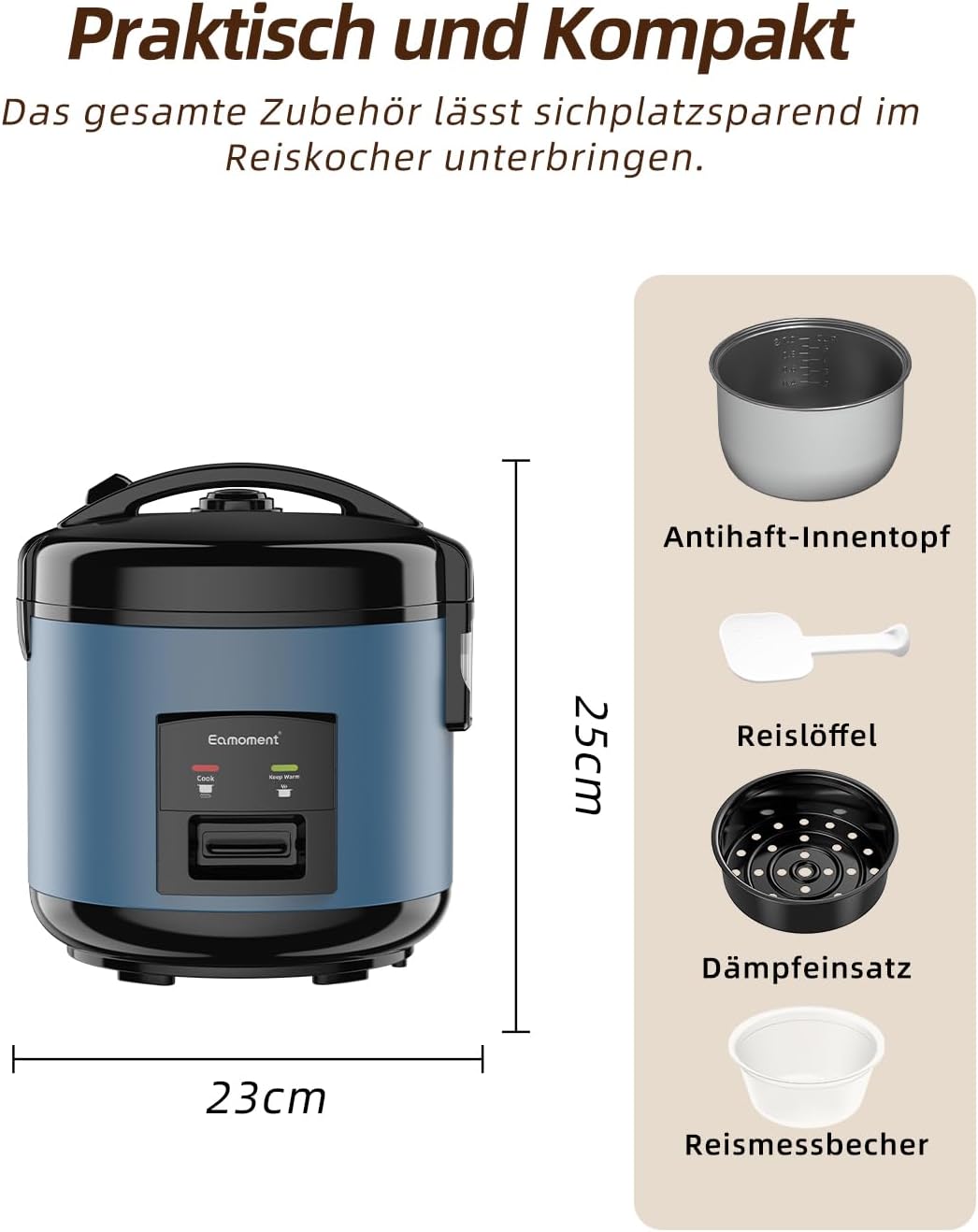 Eamoment DRC-5020BL 1L|400W Reiskocher & Dampfgarer(1ltr-5 Tassen) Für 1-5 Personen Schnelles Kochen