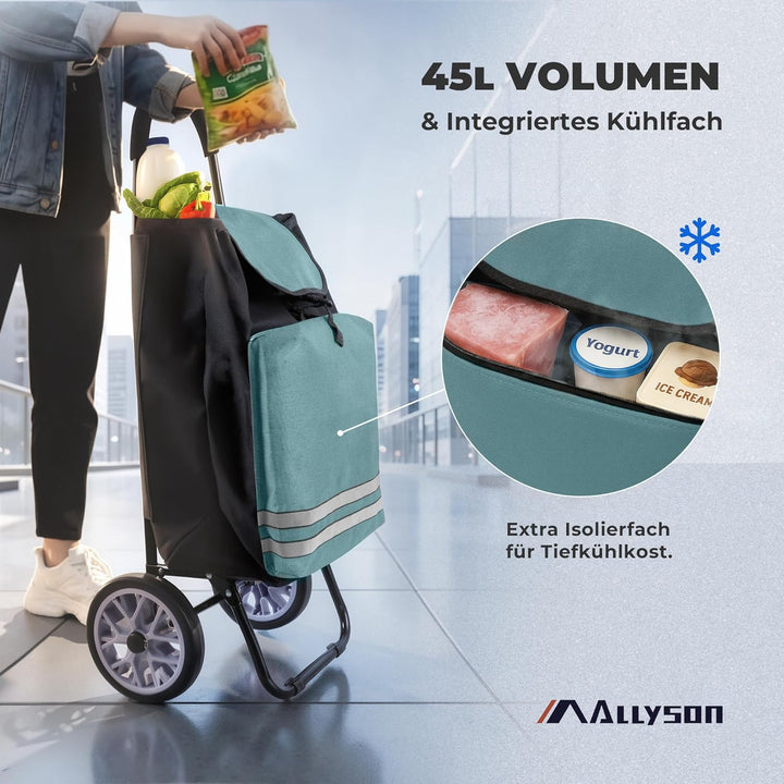 Allyson® Einkaufstrolley klappbar mit Reflektoren & Kühltasche, Einkaufswagen 45L Kapazität, Wetterf