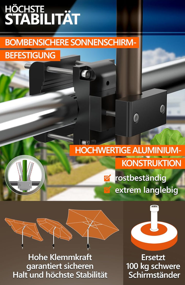 4smile Sonnenschirmhalter Balkongeländer Aluminium – Sonnenschirmständer-Ersatz SunnyRock extrem sta