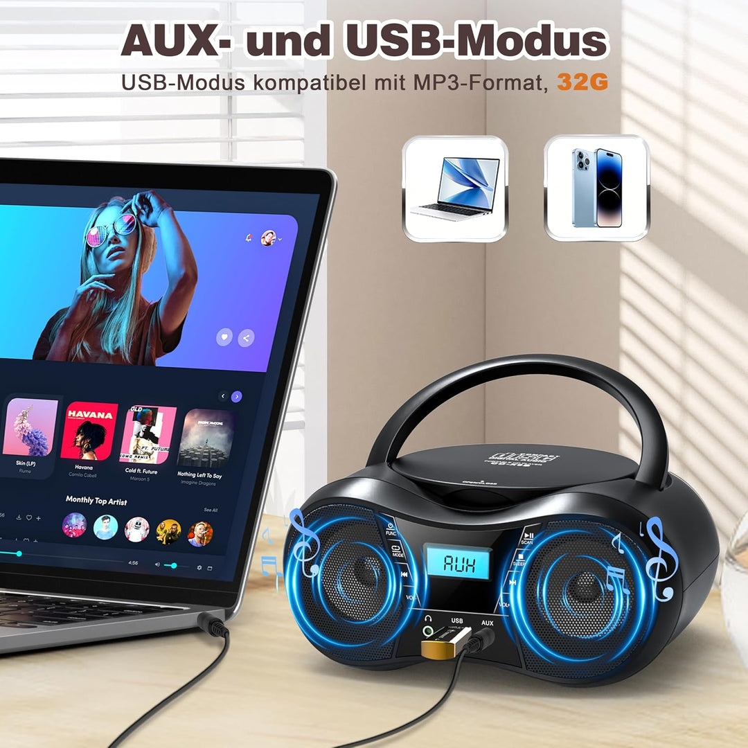 Greadio Tragbarer CD Player Bluetooth 5.1, Boombox Radio mit CD-Player, USB, AUX-In, Netz- und Batte