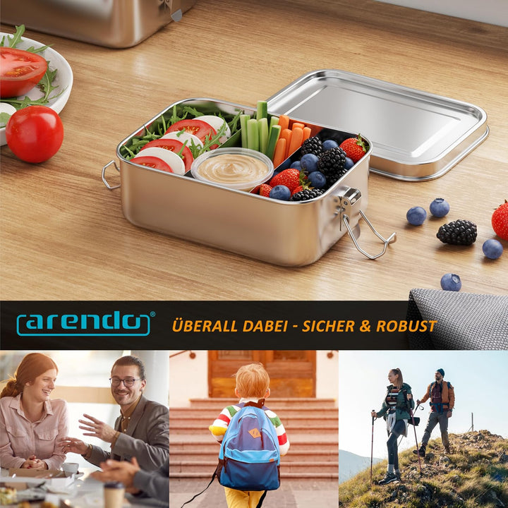 Arendo - Lunchbox Edelstahl – Brotdose 800 ml – mit Fächern – zwei entnehmbare Trennwände - auslaufs