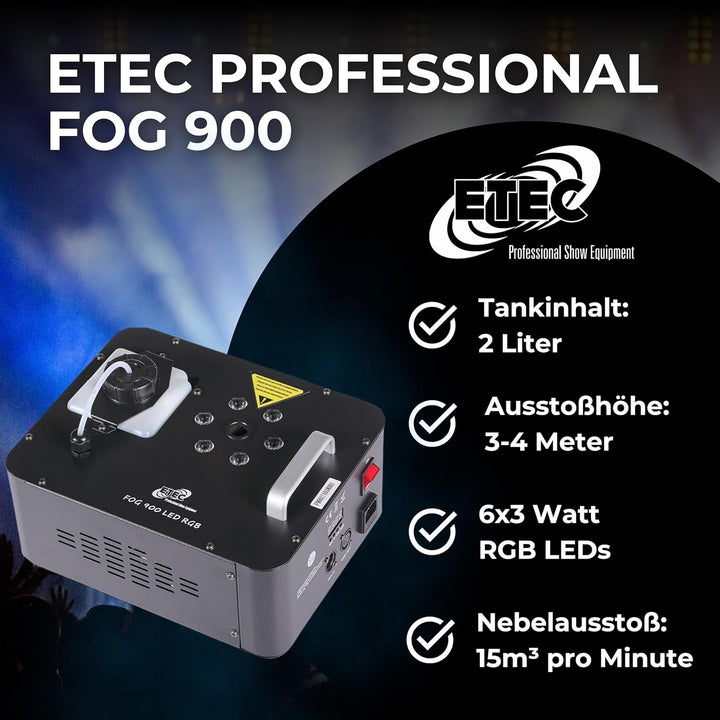 ETEC Professional FOG 900 LED RGB 3in1 DMX Vertikal-Nebelmaschine - CO2 Effekt, Geyser Nebler, Party