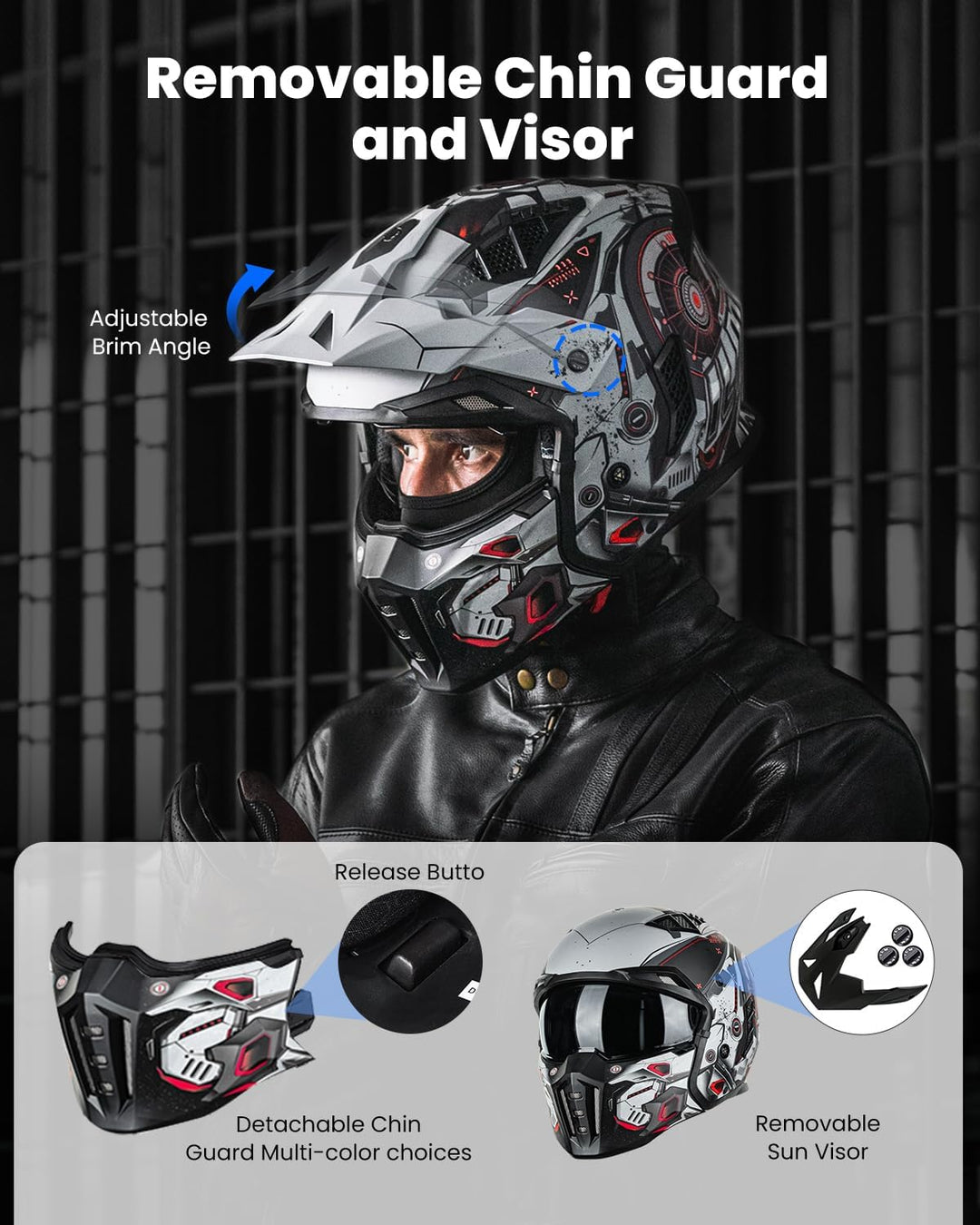 ILM Helm Motorrad Motocross Herren Damen Vintage Retro mit Visier ECE Model Z302,SciFiRot,S S SciFiR