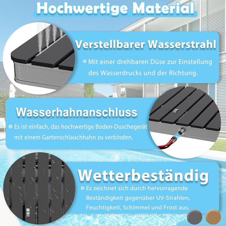 Aluminium & WPC Gartendusche Holzoptik Ø70 cm, rutschfeste Bodendusche wetterfest, Aussendusche für