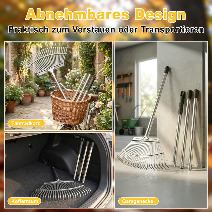 ARTIPOLY Garten laubrechen, Laubrechen mit 25 Metallzinken, 46cm breiter Hochleistungs Rechen, 158 c