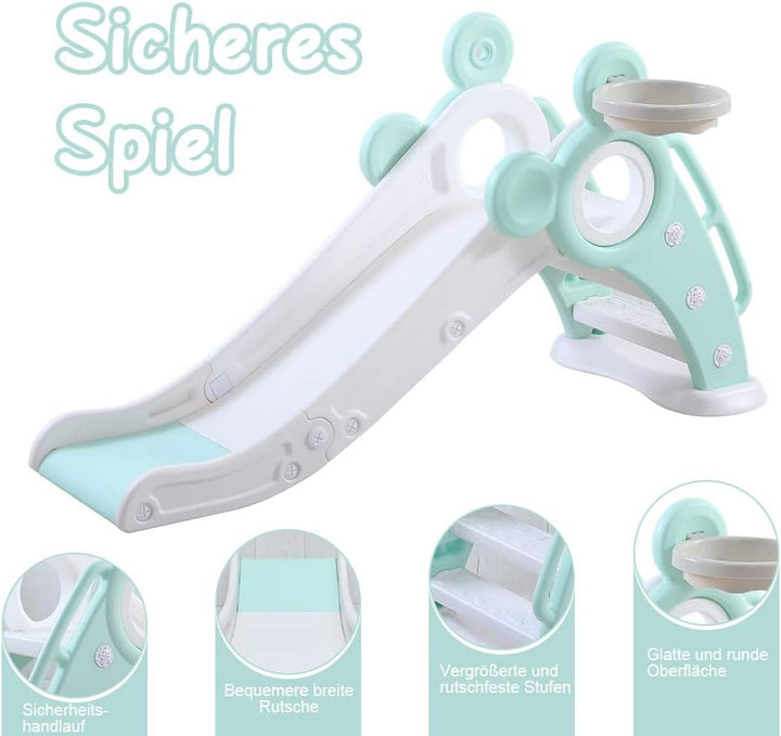 YOLEO Rutsche, Kinder Fun-Slide mit Basketballkorb, Faltbar Kinderrutsche, Gartenrutsche Kleinkinder