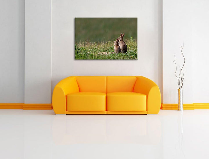zwei Häschen auf Frühlingswiese Leinwand, XXL riesige Bilder fertig gerahmt mit Keilrahmen, Kunstdru