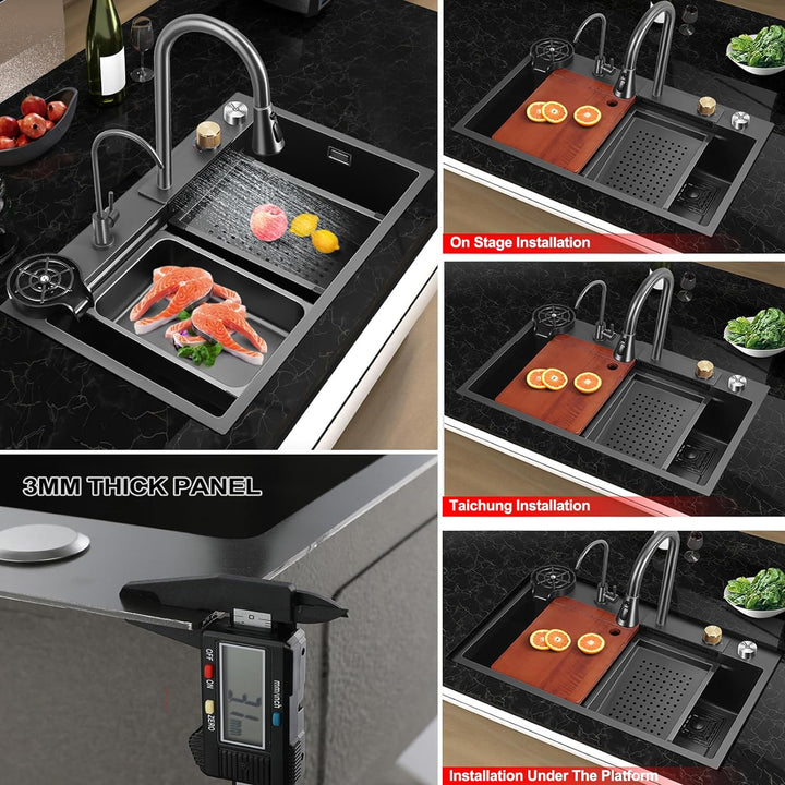 Küchenspüle,Neue Edelstahl Wasserfall Spüle,Drop In Single Bowl Workstation Spüle,Mit Cup Washer Spü