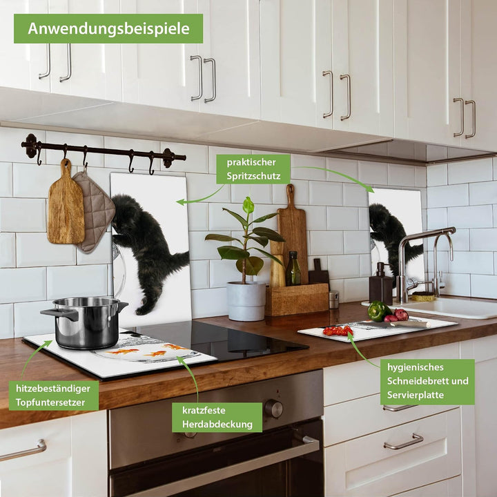 banjado® Herdabdeckplatte Glas 2-teilig je 30x52 cm/Schneidebrett Herdabdeckung mit Motiv Katze Und