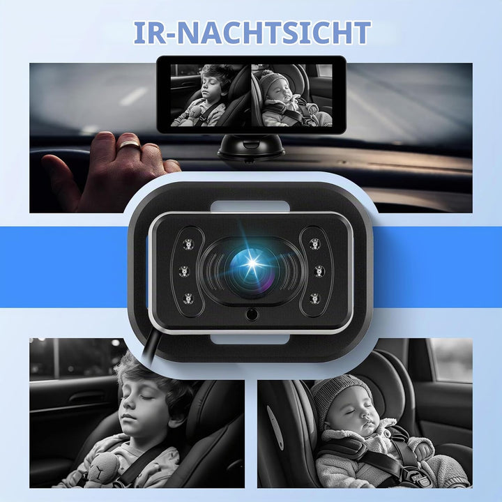 Hodozzy Dual Baby Autokamera für 2 Kinder - 6,86 Zoll IPS Split-Screen HD Display, Nachtsicht, 360°