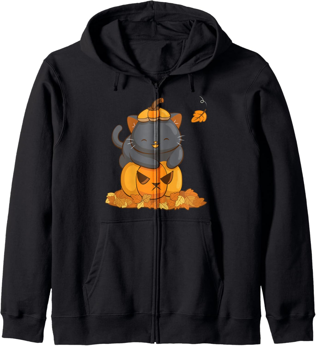 Halloween Schwarze Katze auf Kürbis mit Herbstblättern Kawaii Kapuzenjacke