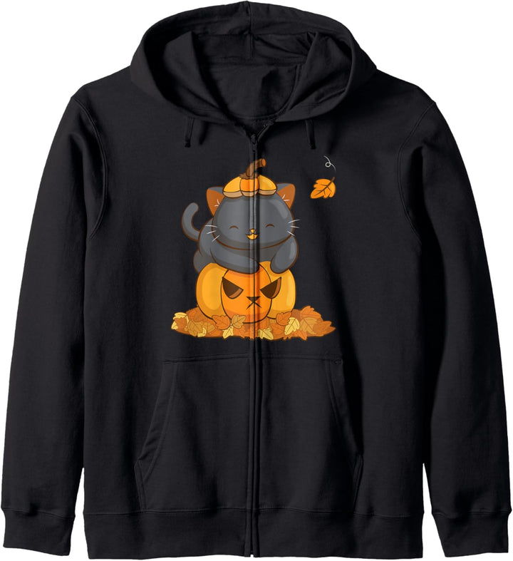Halloween Schwarze Katze auf Kürbis mit Herbstblättern Kawaii Kapuzenjacke
