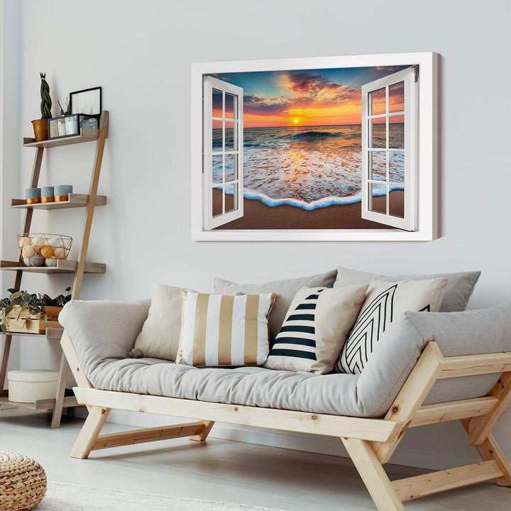PICANOVA – Bild auf Leinwand Sonnenuntergang am Meer Fenster 80x60cm – Leinwandbild – Premium Leinwa