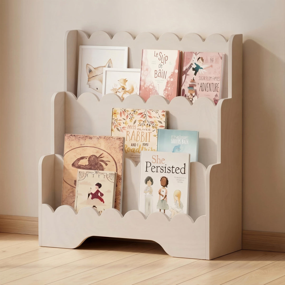 smartwood Montessori Bücherregal Kinder, FSC-Kiefernholz, Kaschmir, LULU | 3-stufig, 64x31,5x71 cm,