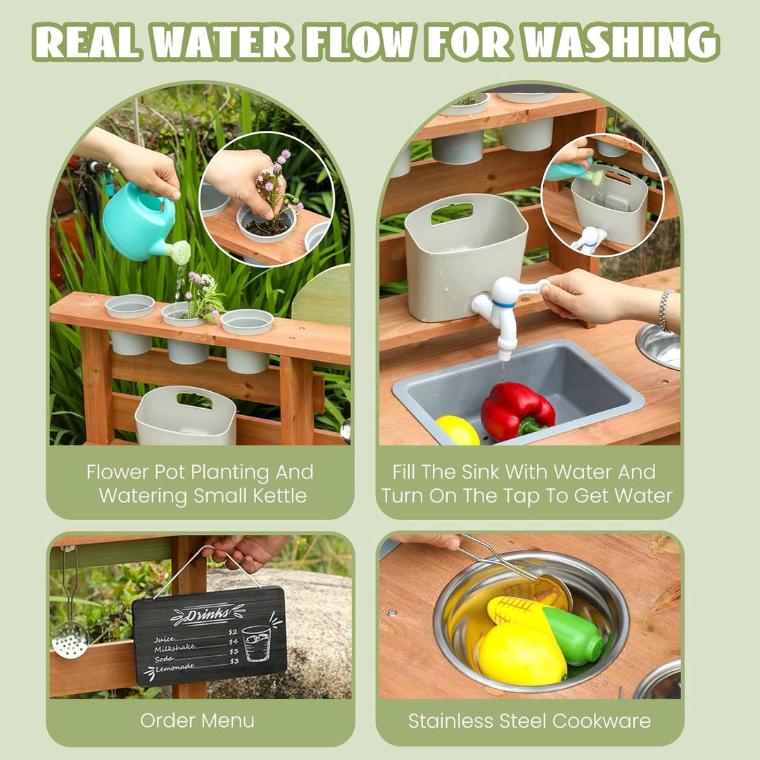 Outdoor Spielküche Gartenspielküche Matschküche Kinder Outdoor Mit Tafel, Wasserkocher, Spüle, Holzp